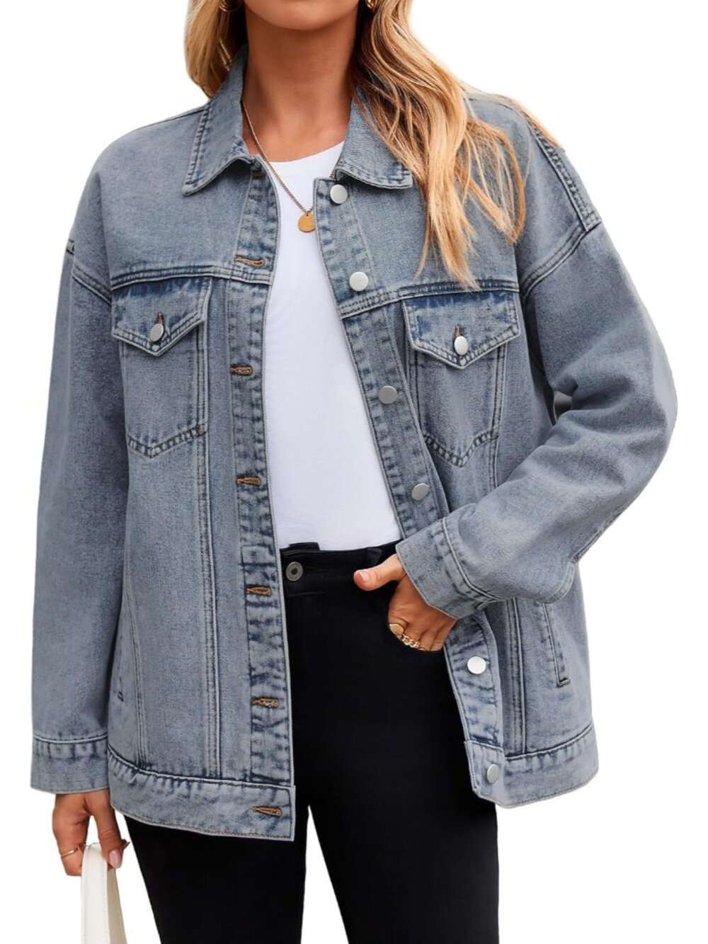 Women's Grey Denim Jacket Oversized Button Down Fall Jean Long Sleeve Jacket